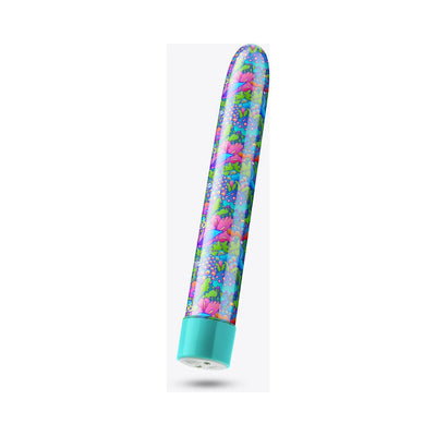Slim 7-inch vibrator with colorful floral and abstract pattern and turquoise base.
