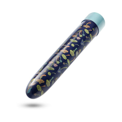 Slimline aqua vibrator with colorful mushroom pattern and light blue cap, Limited Addiction Utopia model.