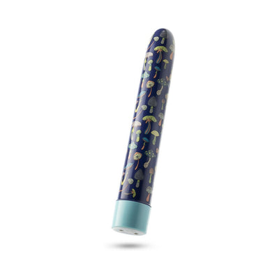 Slimline aqua vibrator with colorful mushroom pattern and light blue base, rechargeable and waterproof design.