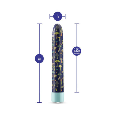 Slim 7-inch vibrator in aqua with colorful mushroom pattern, showing 5.75-inch insertable length and 1-inch diameter.