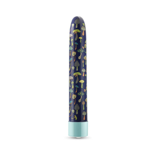 Slim 7-inch vibrator with colorful mushroom pattern on navy body and light blue base.