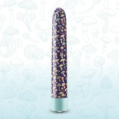 Slimline 7-inch vibrator with colorful mushroom pattern and aqua base against matching mushroom background.