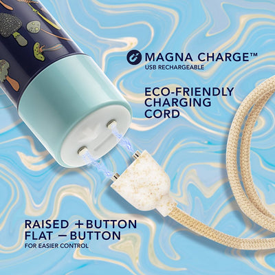 Close-up of aqua vibrator base with eco-friendly USB magnetic charging cord and text highlighting raised plus button for easy control.