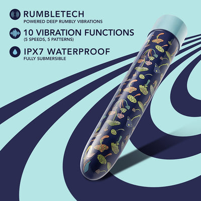 Aqua-colored 7-inch vibrator with colorful mushroom pattern, highlighting 10 vibration functions and IPX7 waterproof rating.