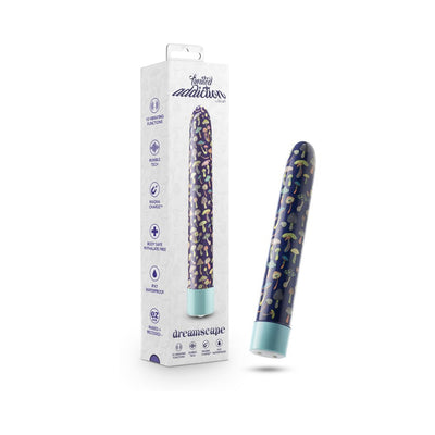 Limited Addiction Utopia 7-inch rechargeable vibrator in aqua with colorful mushroom pattern and matching packaging box.