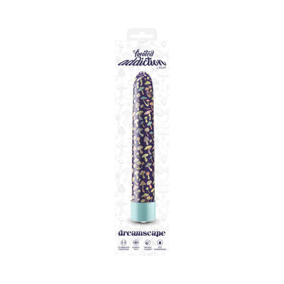 Limited Addiction Utopia 7-inch vibrator in aqua with colorful mushroom pattern, shown in retail packaging.