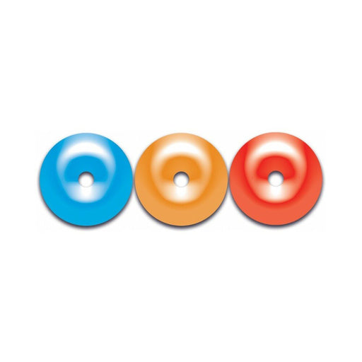 Three colorful stretchy gummy rings in blue, orange, and red, designed for playful intimate use.