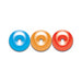 Three colorful stretchy gummy rings in blue, orange, and red, designed for playful intimate use.
