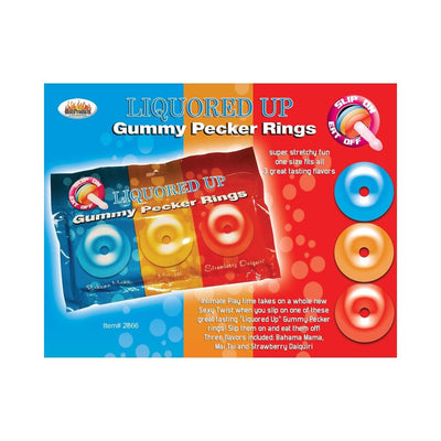 Liquored Up Gummy Pecker Rings 3 pack in blue, yellow, and red packaging with flavor names Bahama Mama, Mai Tai, and Strawberry Daiquiri.