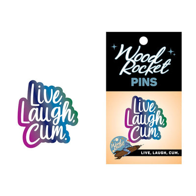 Live Laugh Cum enamel lapel pin with iridescent rainbow finish on Wood Rocket branded backing card.
