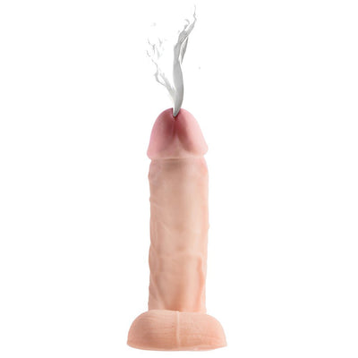 Realistic dual-density 10-inch dildo in vanilla color with squirting feature and detailed texture.