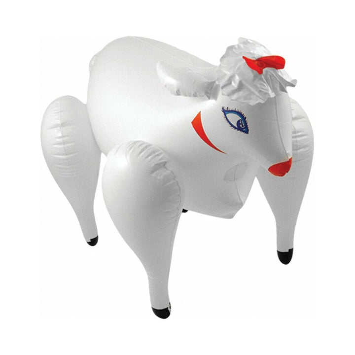 Inflatable white lamb with red accents and a ruffled headpiece, standing on four legs.