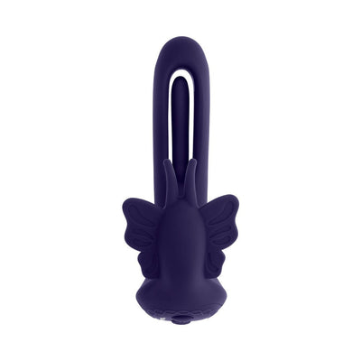 Purple silicone butterfly-shaped dual stimulator with flexible shaft and flapping wings design.