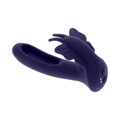 Purple silicone dual-stimulation butterfly vibrator with flexible wings and control buttons on the base.