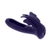 Purple silicone dual-stimulation butterfly vibrator with flexible wings and control buttons on the base.