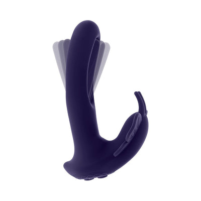 Purple flexible dual-stimulation vibrator with flapping butterfly wing feature and ergonomic design.