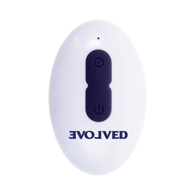 White oval remote control with dark purple buttons and Evolved logo for Lord Of The Wings Purple vibrator
