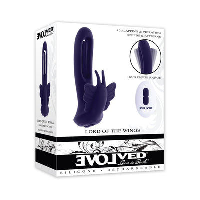 Purple silicone dual-stimulation vibrator with butterfly design and wireless remote in branded packaging.