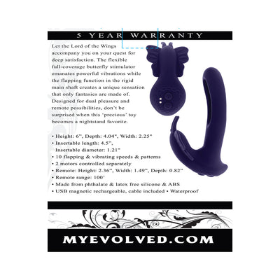 Purple dual-motor butterfly stimulator with remote control, flexible design, and USB magnetic rechargeable feature.