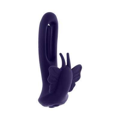 Purple silicone dual-stimulation vibrator with butterfly-shaped external stimulator and curved insertable shaft.