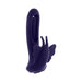 Purple silicone dual-stimulation vibrator with butterfly-shaped external stimulator and curved insertable shaft.
