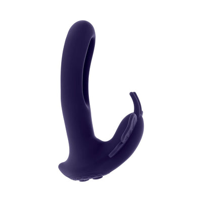 Purple dual-stimulation silicone vibrator with flexible butterfly stimulator and remote control.