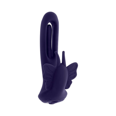 Purple dual-stimulation butterfly vibrator with flexible shaft and wing-shaped stimulator detail.