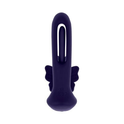 Purple silicone dual-stimulation butterfly vibrator with flexible wings and hollow center design.