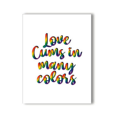 Greeting card with rainbow-colored text reading Love Cums in many colors on a white background