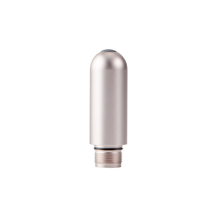 Compact silver rechargeable modular battery base with threaded connector for Love Not War vibe heads.