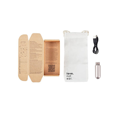 Love Not War Power of Love rechargeable battery kit with eco-friendly packaging, USB cable, and branded storage pouch.