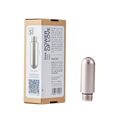 Love Not War Power of Love rechargeable aluminum battery base with eco-friendly packaging box on white background.