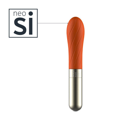 Compact orange silicone vibrator with textured swirl design and metallic silver base.