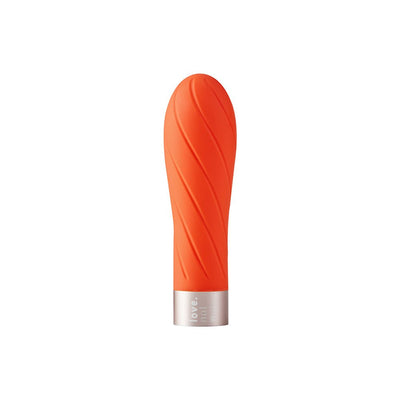 Compact orange personal massager with textured swirl design and silver base engraved with Love Not War logo