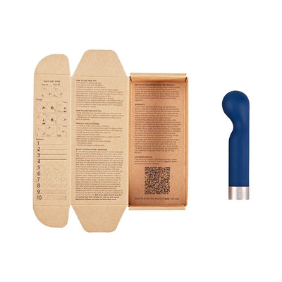 Blue Love Not War Kama Head G-spot massager with eco-friendly cardboard packaging and usage instructions displayed.