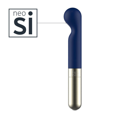 Blue Love Not War Kama Head G-spot massager with curved tip and silver base, made from body-safe NeoSilicone material.