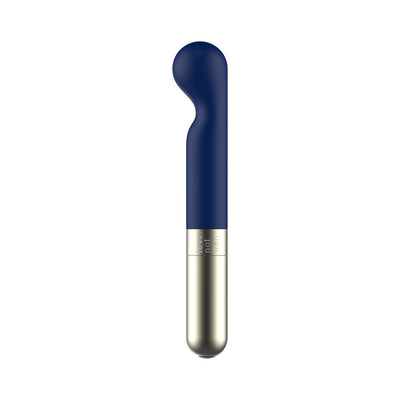 Sleek blue G-spot massager with curved head and metallic silver base, designed for targeted pleasure and modern style.