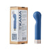 Blue Love Not War Kama Head G-spot massager with sleek curved design next to its eco-friendly packaging box.