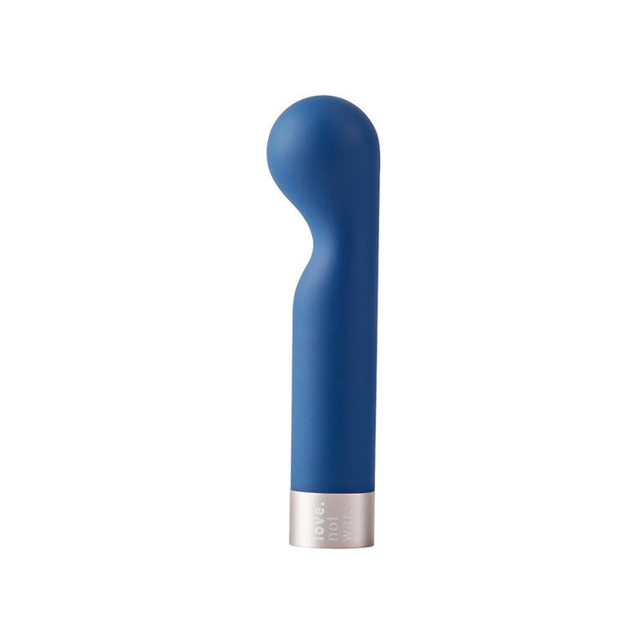 Blue Love Not War Kama Head G-spot massager with curved design and silver base on white background.