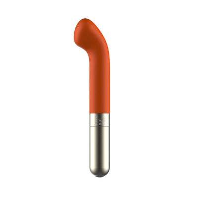 Orange silicone G-spot massager with a curved head and silver base from Love Not War.