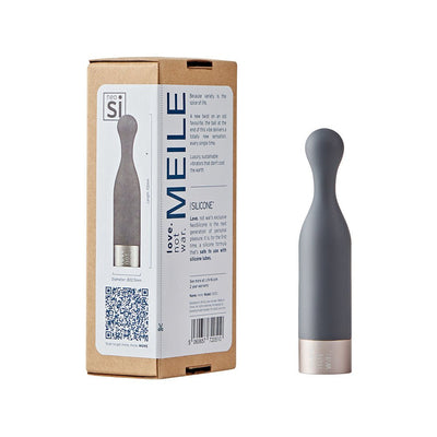 Grey Love Not War Meile Head attachment with rounded tip next to its eco-friendly cardboard packaging box.