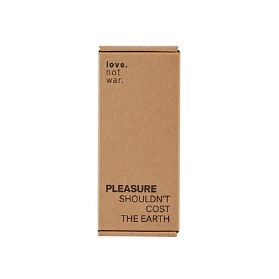Eco-friendly brown cardboard box packaging for Love Not War Meile Head with slogan Pleasure Shouldn't Cost The Earth.