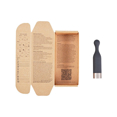 Grey Love Not War Meile Head vibrator attachment with eco-friendly cardboard packaging and user instructions displayed.