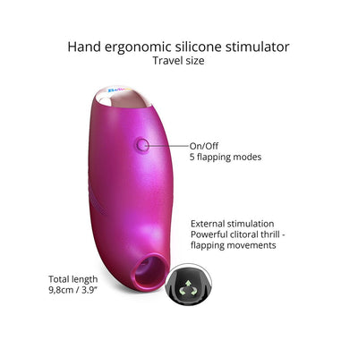 Compact hand ergonomic iridescent purple silicone stimulator with on/off button and five flapping modes for external clitoral stimulation.