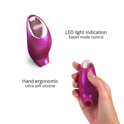 Compact iridescent purple Love To Love Believer with ergonomic design and LED light, shown held in hand for size reference.
