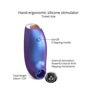 Compact iridescent blue silicone stimulator with ergonomic design, one button control, and flapping motion for external clitoral stimulation.