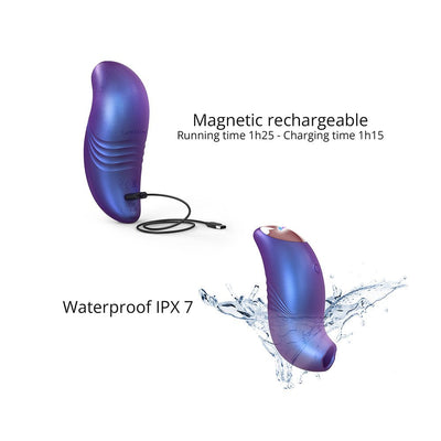 Iridescent purple Love To Love Believer with magnetic USB charging cable and waterproof feature shown with water splash.
