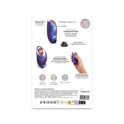 Back view of Love To Love Believer Iridescent vibrator packaging highlighting compact size, flapping technology, ergonomic design, and waterproof features.