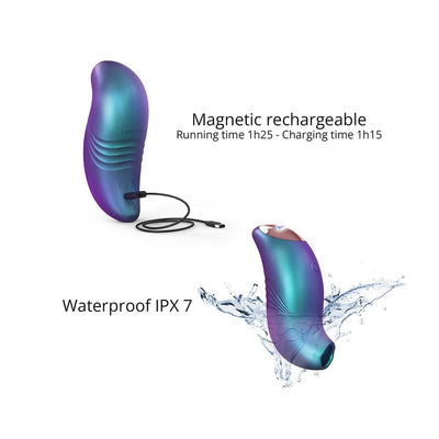Iridescent Love To Love Believer with magnetic USB charging cable and waterproof feature shown with water splash.