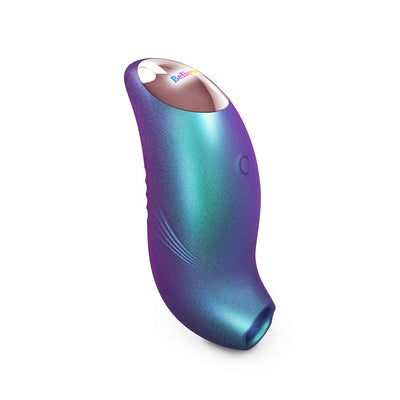 Compact iridescent silicone personal massager with ergonomic shape and smooth curved design.